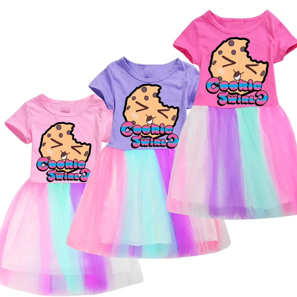 

COOKIE SWIRL C A Kids Clothes Knee-Length Dresses Cute Cotton Gauze Full Dress Teenagers Cartoon Baby Girls Party Clothing