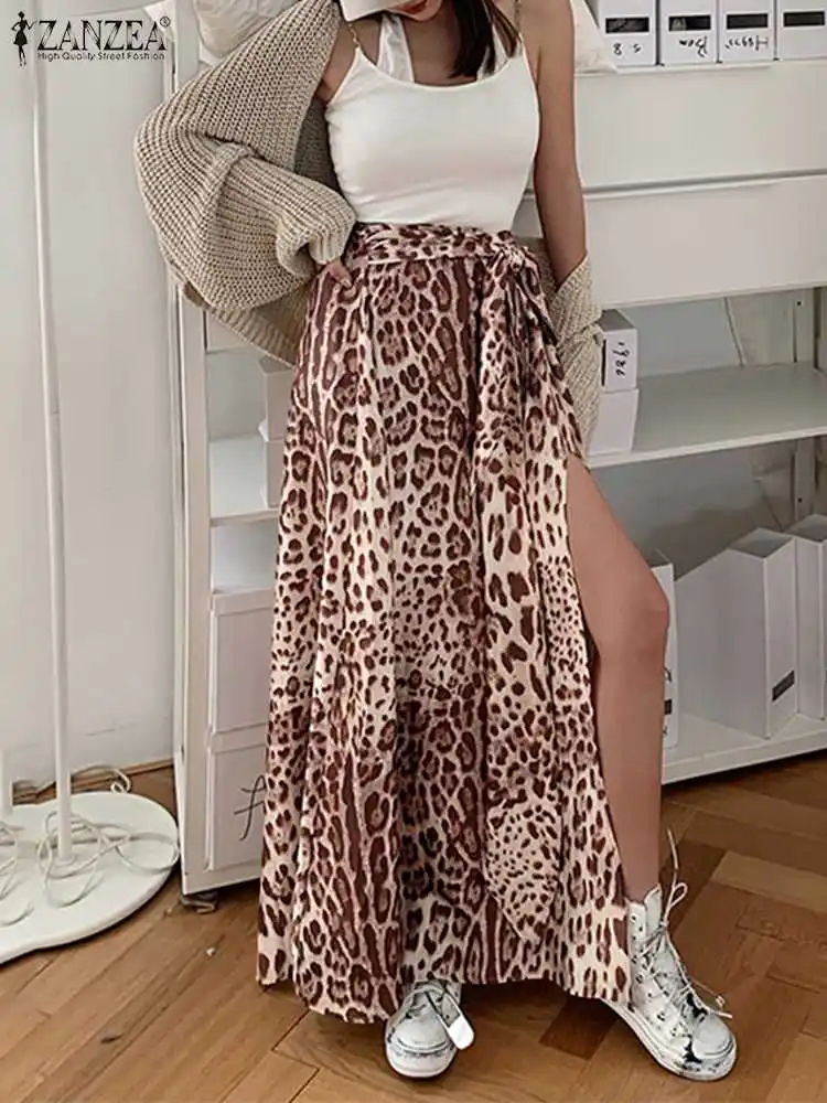 

Элегантная повседневная трапециевидная юбка на шнуровке ZANZEA, модная леопардовая длинная юбка для женщин 2022, летняя женская юбка с разрезом,...
