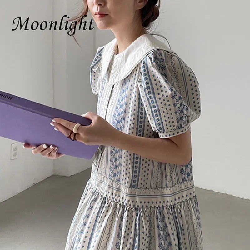 

Doll Collar Dress Women Summer Koeran Vintage Long Boho Printing Dresses Fashion Pull Sleeven Female Casual Loose Midi Vestidos