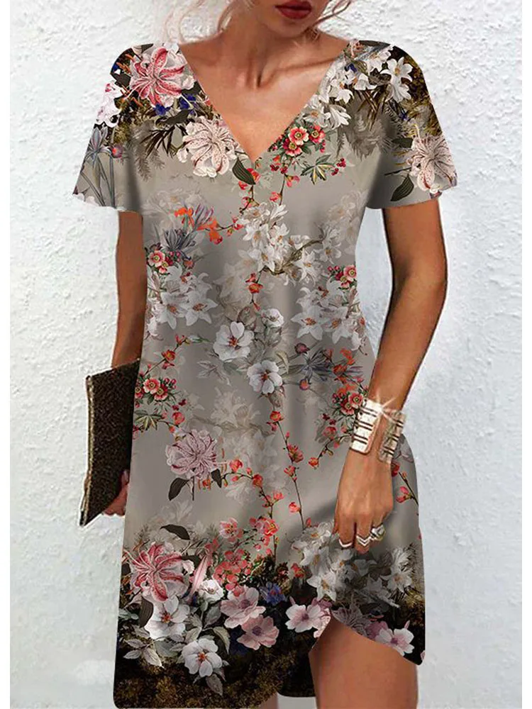 

A-Line Dress Women's Summer Printed V Neck ElegantCasual Short-sleeved Loose Skirts Floral Stylish Lady Office Midi Dress