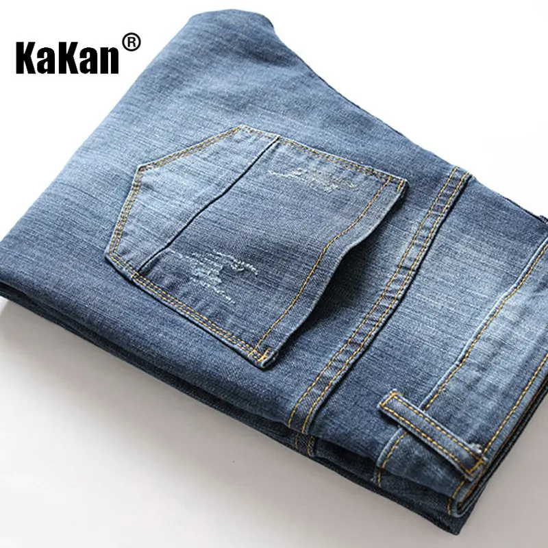 Kakan - European and American New Blue Distressed Jeans for Men's Wear, Worn Out Washed Casual Straight Stretch Long Jeans36-552