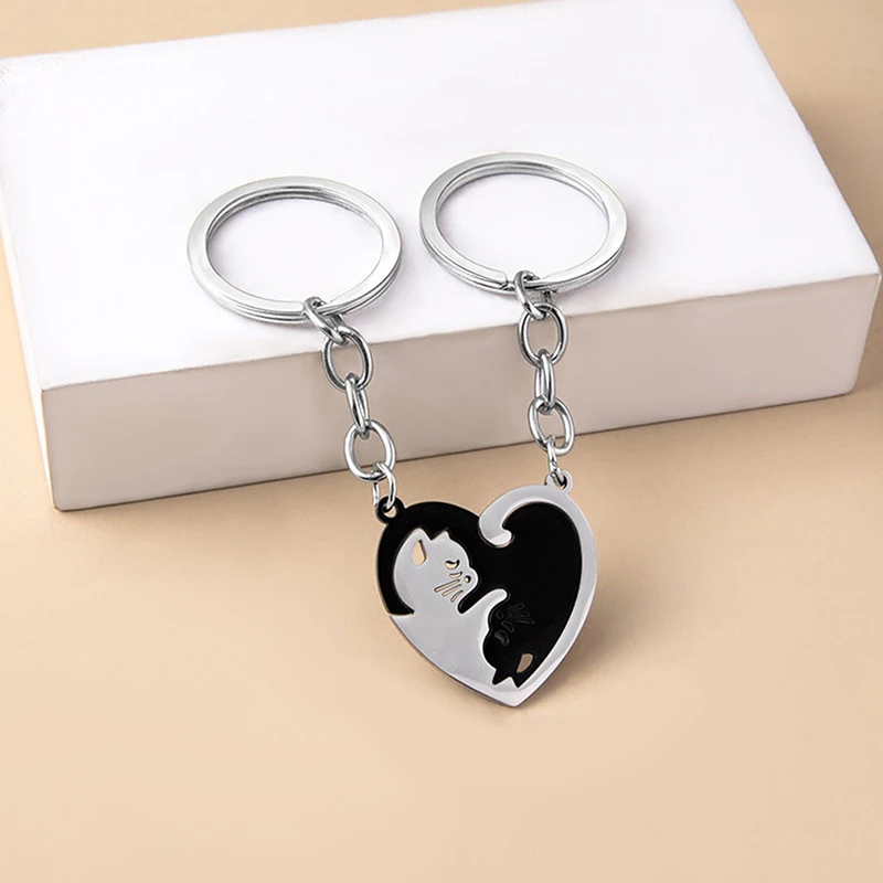 

1Pair Cute Black Cat Keychain Patchwork Heart Round Couple Lovers Keyring Stainless Steel Backpack Car Key Ring Hanging Jewelry