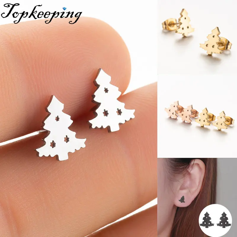 

Christmas Tree Stainless Steel Earrings for Women Fashion Hollow Ear Piercing Jewelry Wedding Studs Pendientes 1Pair