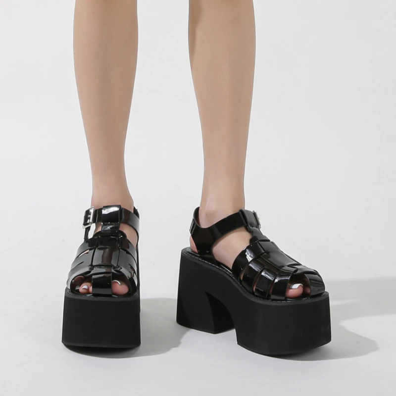 Chunky Platform Sandals Women Block Heels 10CM High Heel Closed Toe Roman Shoes Black Gothic Punk Sandals Buckle Strap Size 43