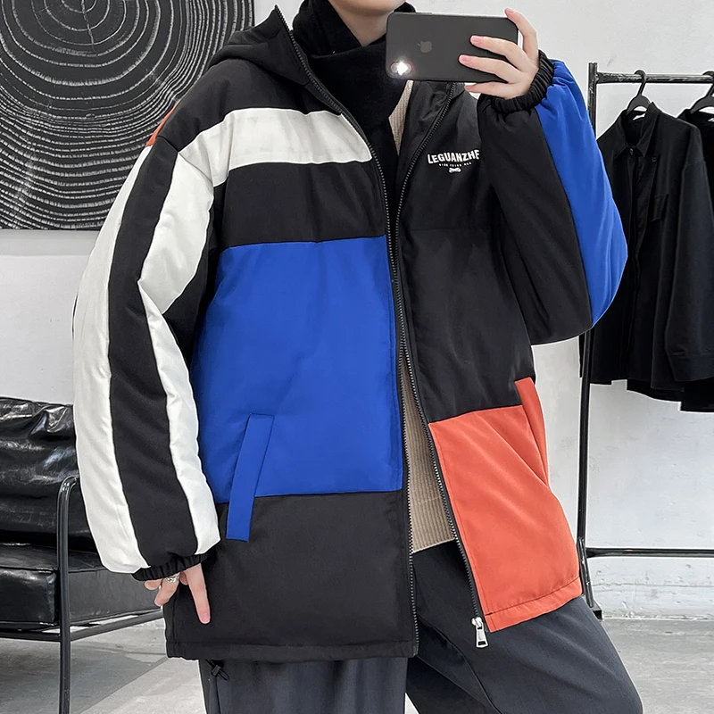 2022 New Winter Mens Hooded Parkas Thicking Casual Loose Warm Coat Korean Patchwork Style Ins Streetwear Cotton Jacket Oversized