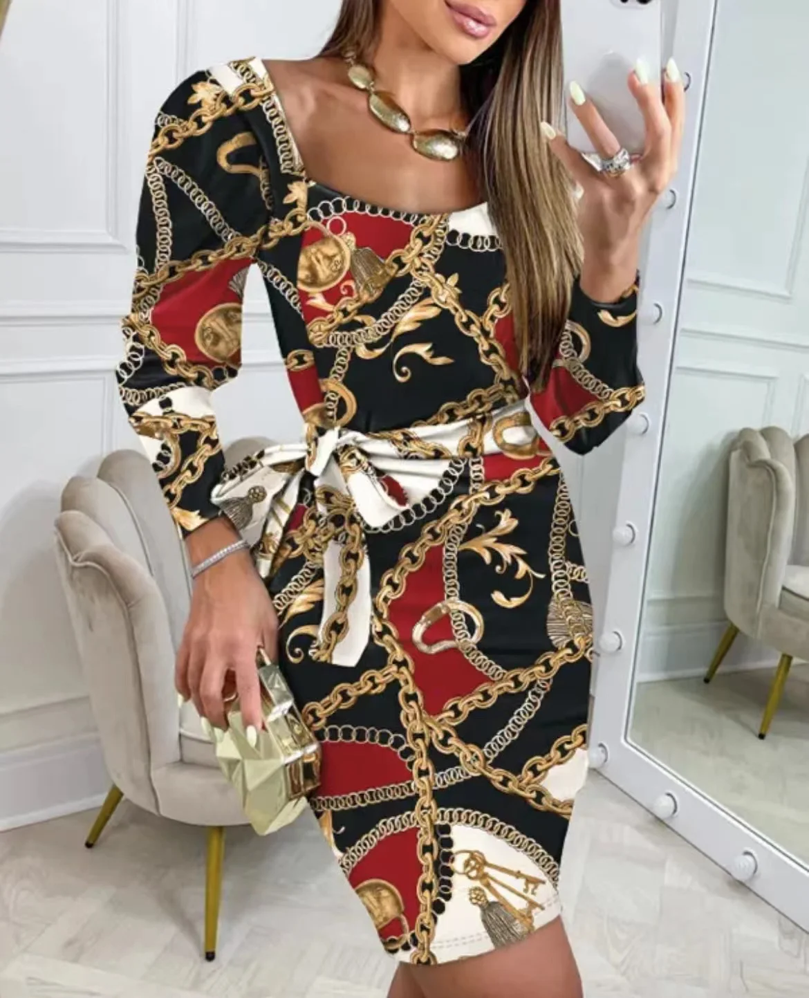 

Autumn Fashion Print Lace Up Dress Women Elegant OL Square Neck Long Sleeve Slim Dress Women