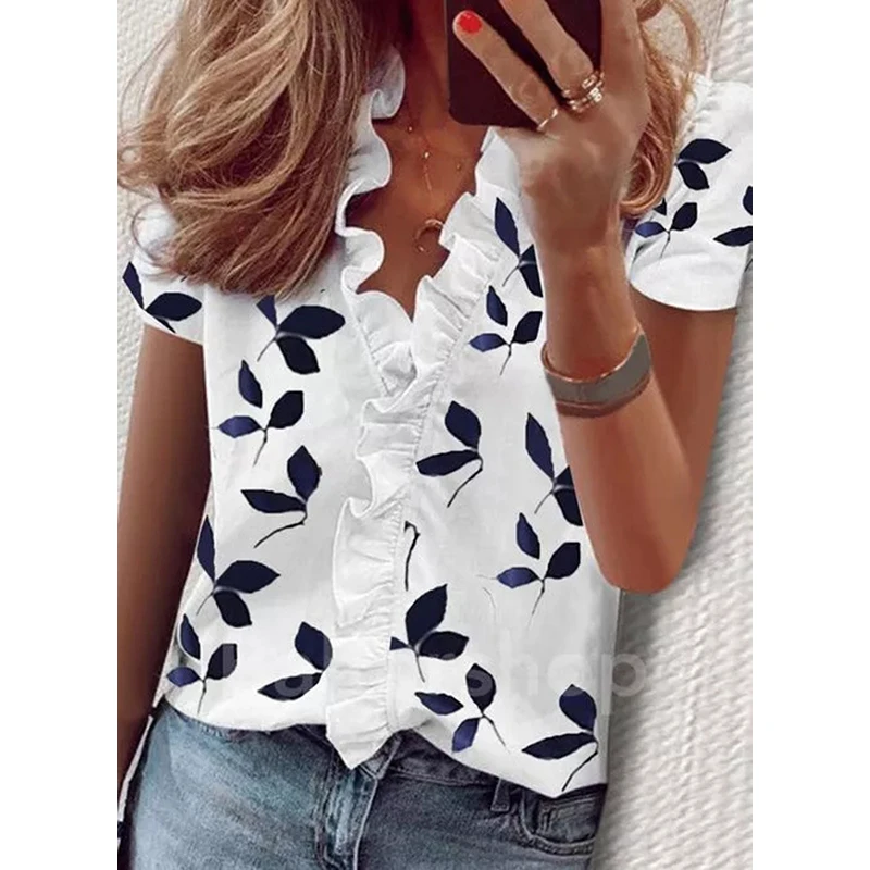 

Bikoles Summer New Fashion Sexy Ruffles V Neck Short Sleeve Women's Casual Tops T Shrit 2022 Loose Print Basic Ladies T Shirt