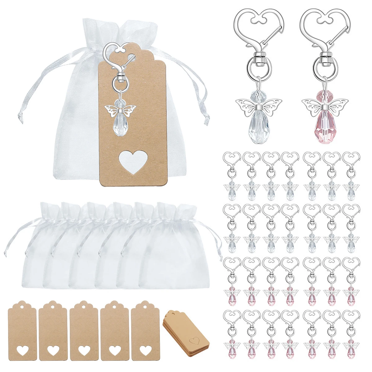 

30 Pcs/Set Birthday Party Gift Box Decor Angel Keychain with Organza Gift Bags and Labels Cute Keyring Pendant for Party Decor