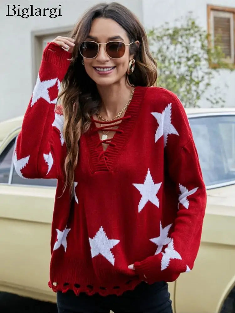 

Осенне-зимний вязаный свитер с принтом звезд, женский модный пуловер, женские свитера, повседневный свободный женский свитер с длинным рукавом, топы 2023
