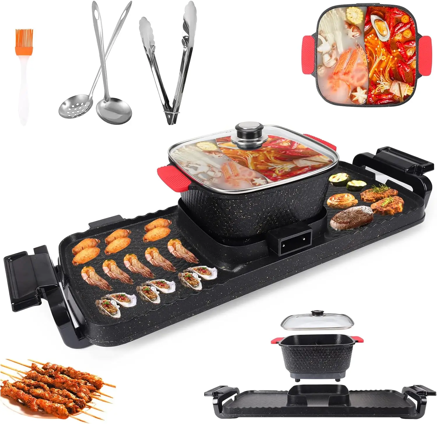 

Hot 2 In 1, Indoor Korean BBQ, Dual Shabu Shabu, Hot with Grill, Multifunction Smoke Free Stove Portable with Free Spoons, Br