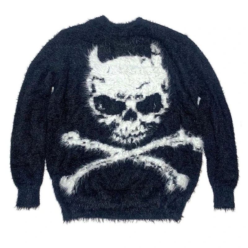

MXMA Women's O-Neck Sweater Punk Skeleton Pattern Sweater Loose Knitted Pullover Top