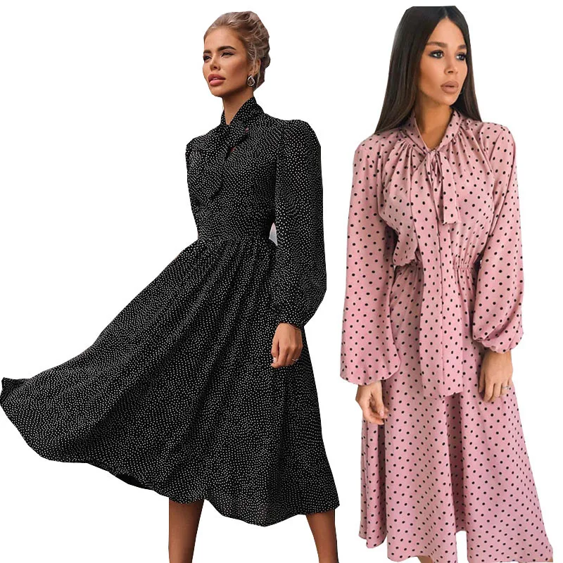 

2022 New Casual Retro Dots Lace Up Bow Dress For Women Tie Collar Spring Autumn Women's Long Sleeve Black Polka Dot Midi Dress
