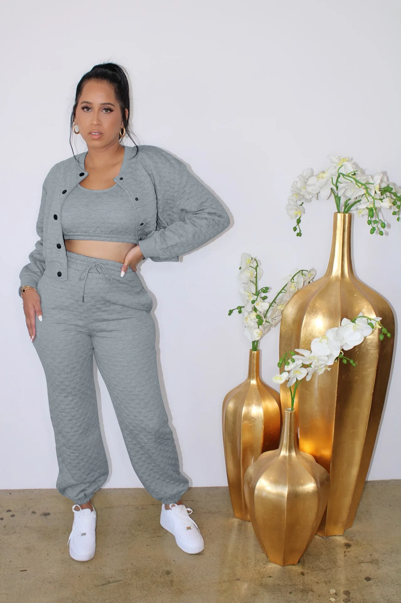 

Casuals Warm Sporty 3 Piece Sets Womens Outifits Short Vest Single-breasted Coat + Drawstring Corset Pants 2022 Streetwear Suits