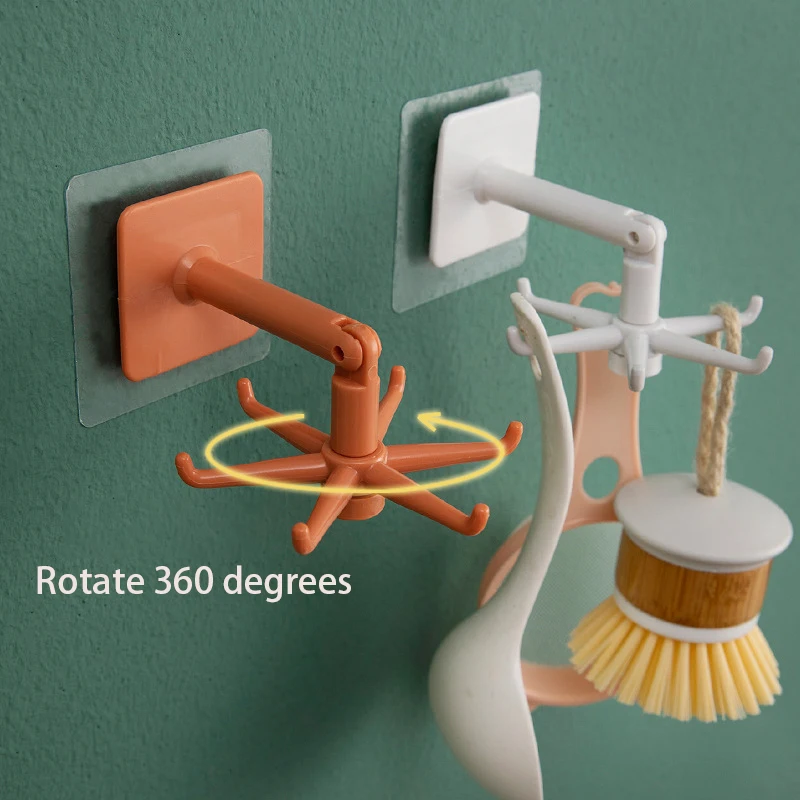 

360 Degrees Rotated Wall Hooks Kitchen Utensils Storage Tools Self Adhesive Hanging 6 Head Spin Plastic Hooks