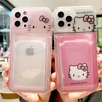 card pocket hello kitty transparent phone case for iphone 13 12 11 pro max xs 8 7 plus x xr fashion funda for girls women