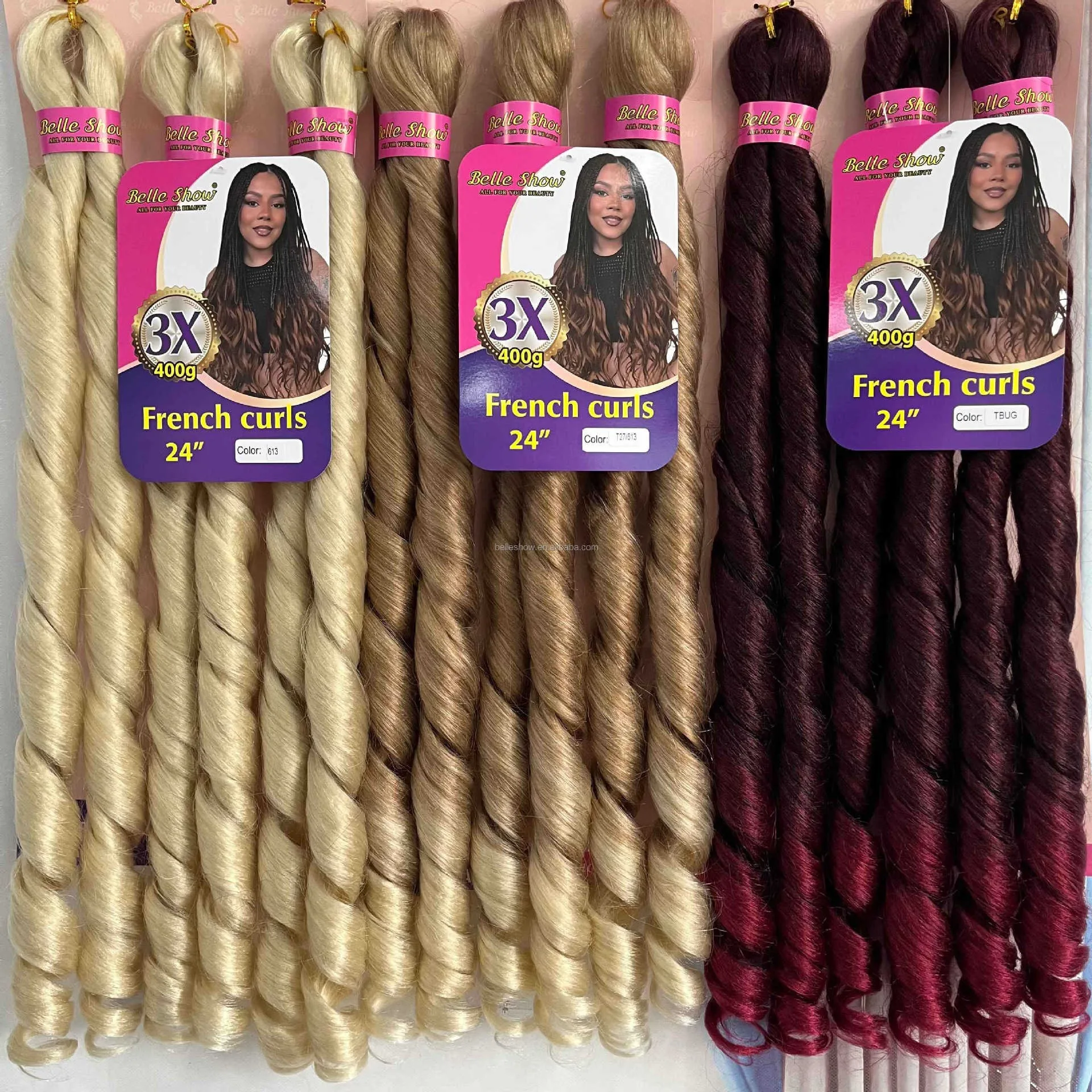 Фото Синтетические волосы для плетения 3X French Curls, 24 дюйма, 400 г/упаковка, предварительно растянутые, свободная волна, для косичек, бокс-брейдов, крючкового плетения №3
