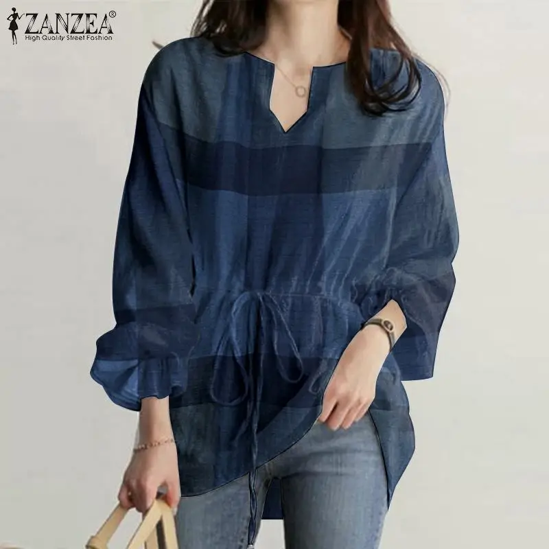 

Элегантная блузка ZANZEA с рукавами-фонариками, Весенняя женская рубашка с V-образным вырезом и принтом в клетку, модная Женская Офисная Свобод...
