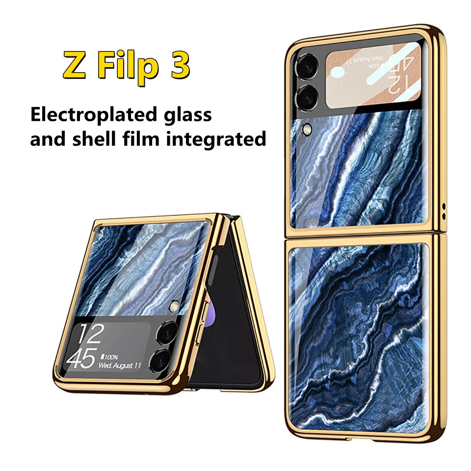 

Luxury Marble Tempered Glass Case For Samsung Galaxy Z Flip 3 5G Cover Plating Edge Hard Full Camera Protective Phone Shell