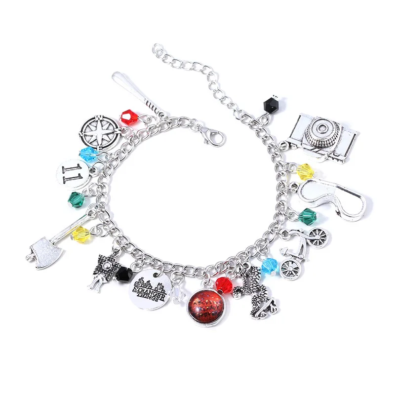 

TV STRANGER THINGS Charm Bracelet Cute Axe Gun Bicycle Crystal Beads Pendant Alloy Bangle Wristband Cosplay Gifts for Movie Fans