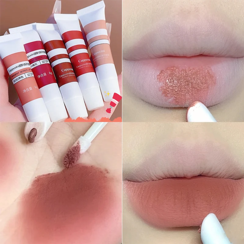 

6 Colors Matte Velvet Lip Gloss Waterproof Red Lipstick Nude Long Lasting Sexy Non Sticky Cup Lip Tint Mud Lips Makeup Cosmetics