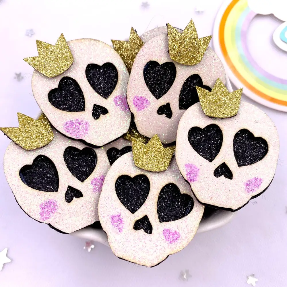 Ful Glitter Bepowder Cartoon Golden Corwn Skull Patch  Applique Sewing Diy Hair Bow Craft Supplie Xe750