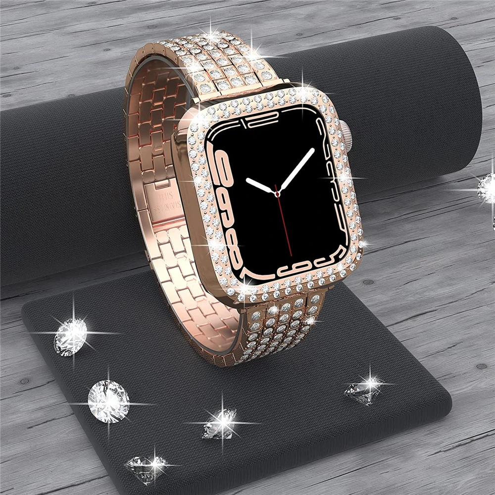 

women strap for apple watch 7 case + band 41mm 45mm for iwatch 6 5 4 se 40mm 44mm band bling Jewelry Dressy protector case strap