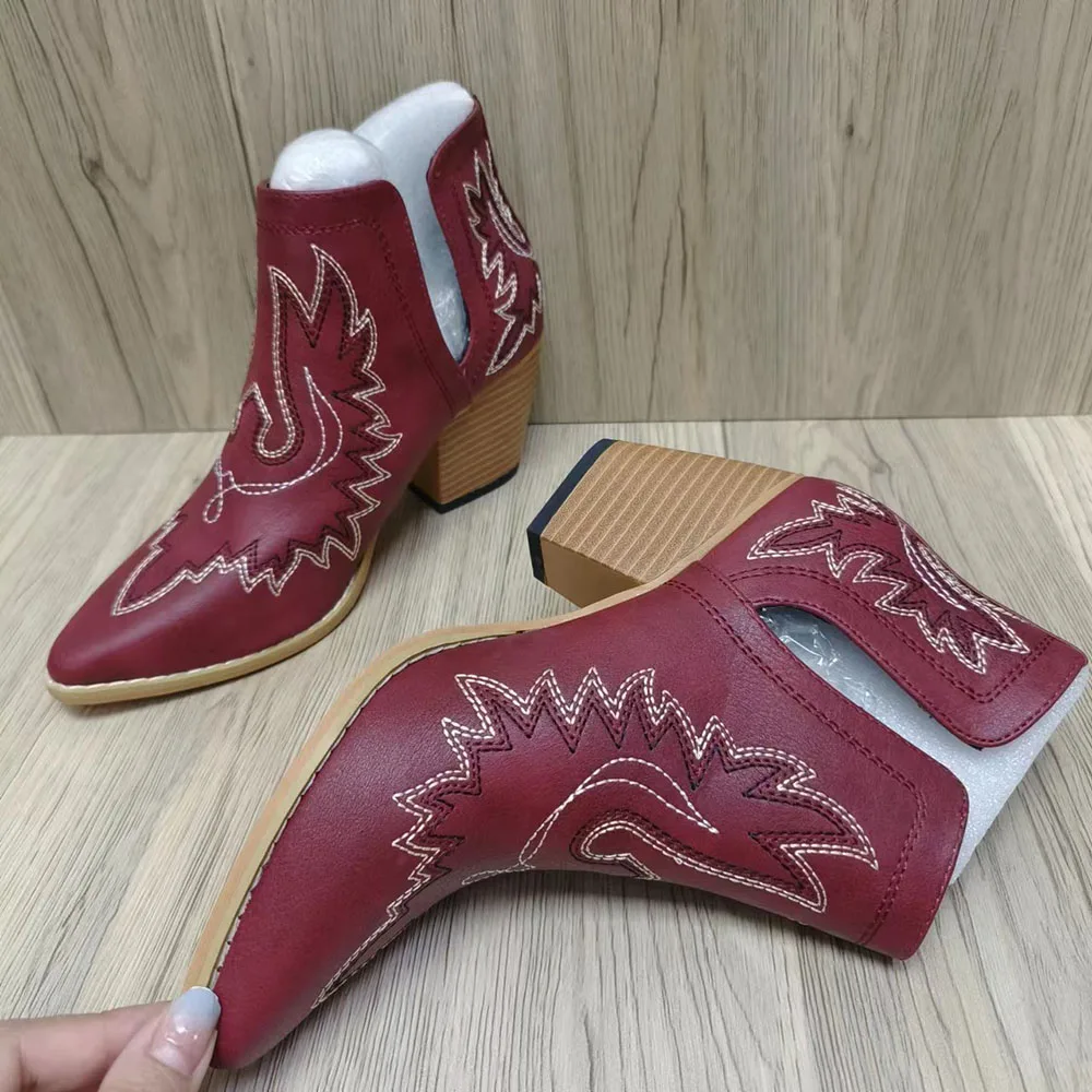 

Осенне-зимние повседневные ковбойские ботильоны, женские ковбойские ботинки с вышивкой, Короткие казаки, ботинки на высоком каблуке 5 см, 42