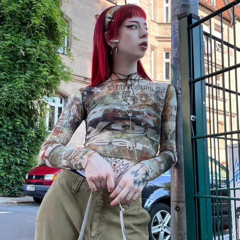 

Женская футболка с длинным рукавом, круглым вырезом и принтом, лето 2023