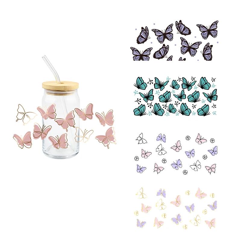 16 унций бабочка UV DTF обертки для чашек стеклянных бутылок кружек наклеек