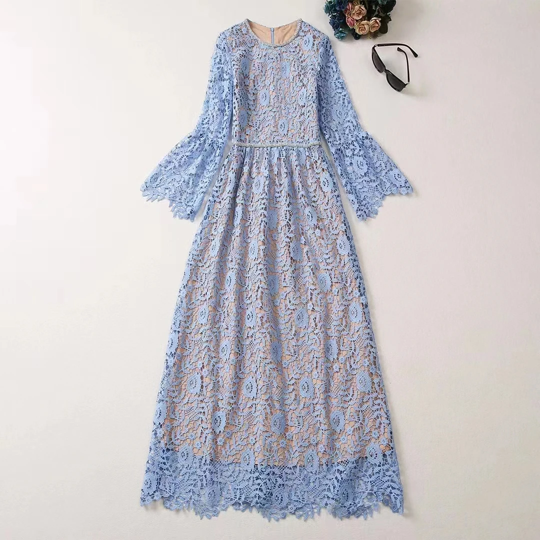 European and American women's clothes 2023 summer new Flared long sleeve studded beaded crewneck fashion Blue Lace Pleated Dress