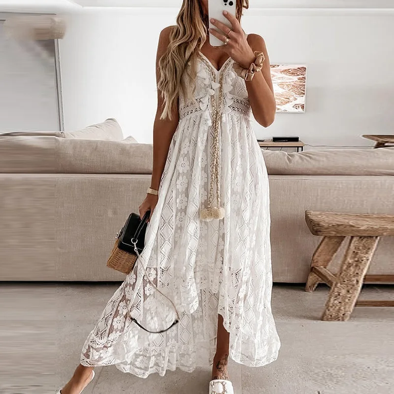 

Off Shoulder Lace Patchwork Elegant Dress Women Summer 2021 V Neck Spaghetti Strap Dress Female New Fashion Solid Party Dresses