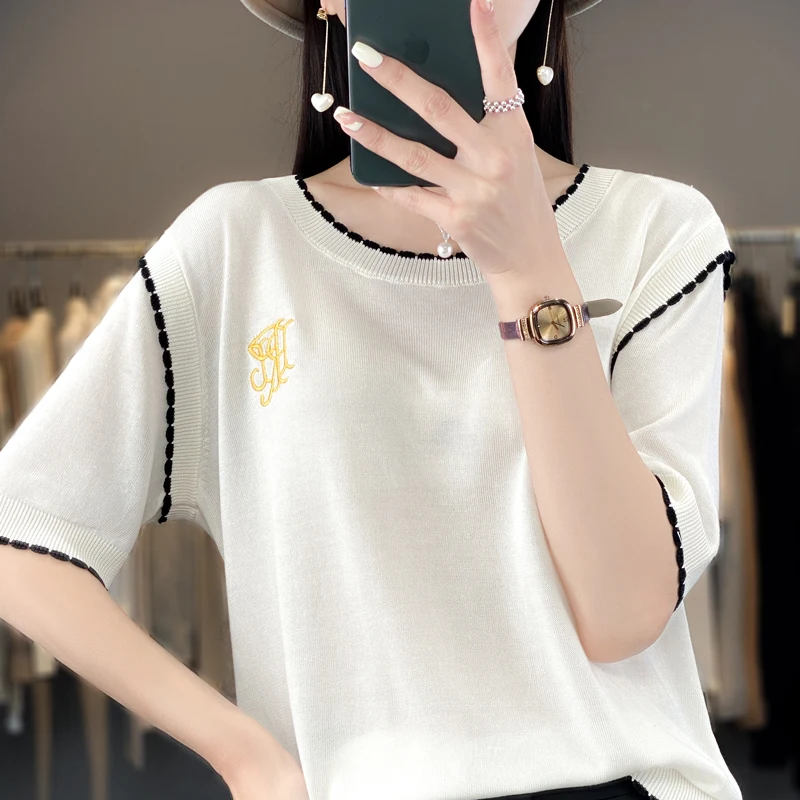 

Summer New Contrast Embroidered Short Sleeve T-Shirt Women's Knitted Loose Tencel Blouse Thin Round Neck Joker Slim