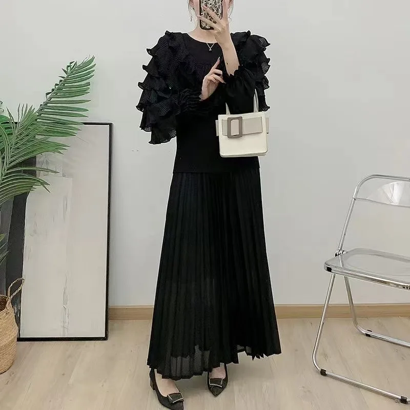 Женский костюм EGRM Miyake из двух предметов однотонный модный высокого качества с