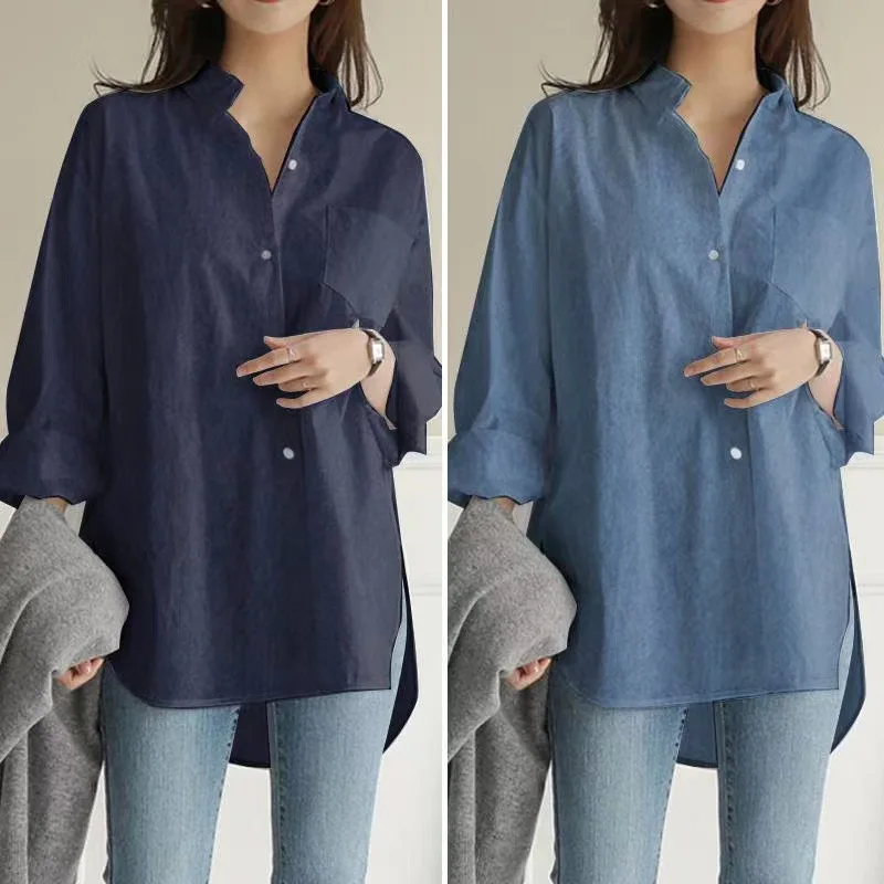 

Fashion Autumn Blue Shirt Women's Asymmetric Top Leisure Long Sleeve Blusas Women's Button Down Bottoms