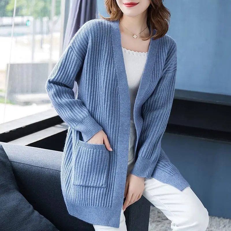 Spring and Autumn 2022 New Sweater Knitted Cardigan Women's Long Sleeve Loose Mid length Korean Sweater Coat Women enlarge