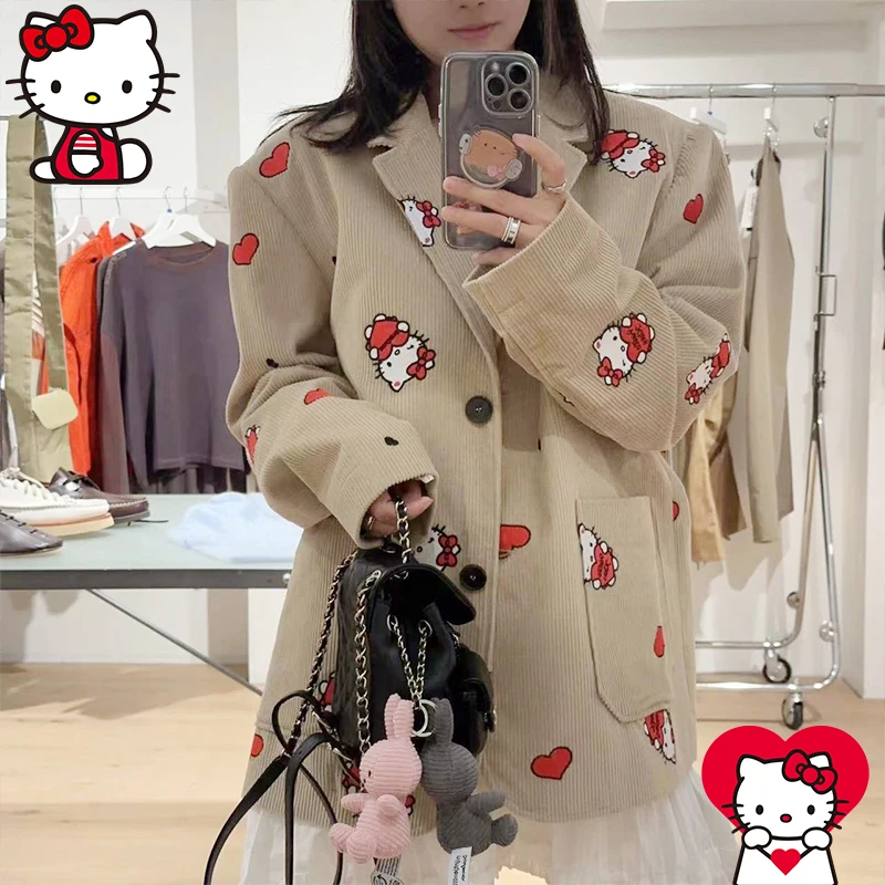 

New Hello Kitty Y2K Blazer Sanrio Coat for Women Kawaii Anime Autumn Winter Korean Version Loose Jacket Fashion Sweet Design Top
