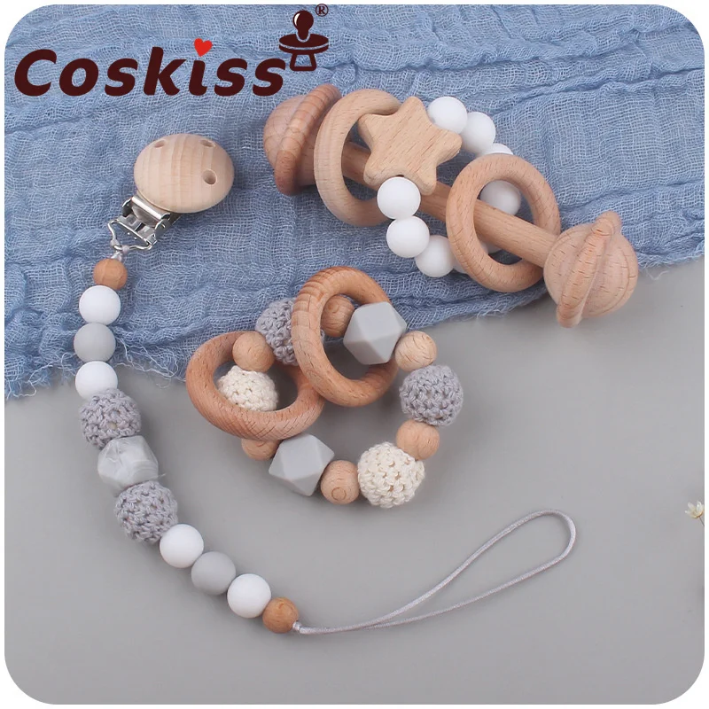 

Coskiss New 1set Baby Products Beech Clip Pacifier Chain Soothe Baby Bracelet Teeth Glue Star Rattle Three-Piece Toy Gift