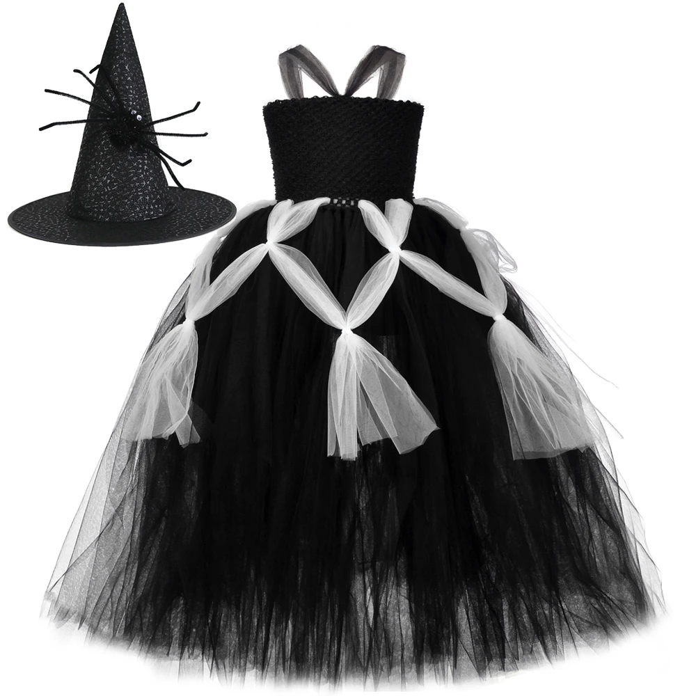 

Spider Web Hallloween Costumes for Girls Long Lined Witch Dress for Kids Carnival Party Tutu Outfit Children Princess Ball Gown