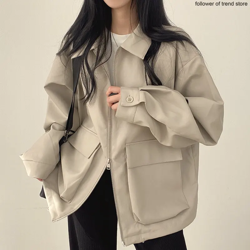 Korean chic vintage lapel large pocket zippered cardigan jacket loose casual long sleeved leather jacket short coat women