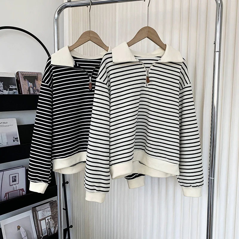 Женская толстовка-поло в полоску с длинным рукавом на молнии |