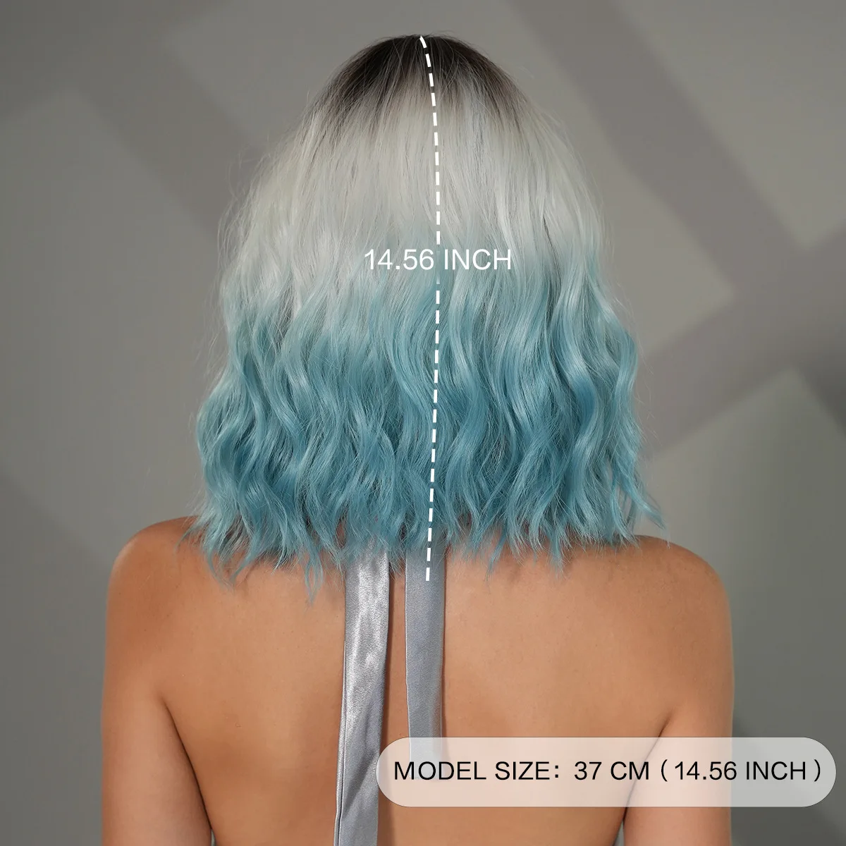 Фото Парик GUHUAN Dark Root Silver To Sky Blue Ombre, короткий волнистый боб с челкой, градиентный, с эффектом водной волны, из термостойкого синтетического волоса. №3
