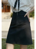 ziqiao black high waist denim skirts japanese two button design a line dress waist decoration solid summer denim mini skirt