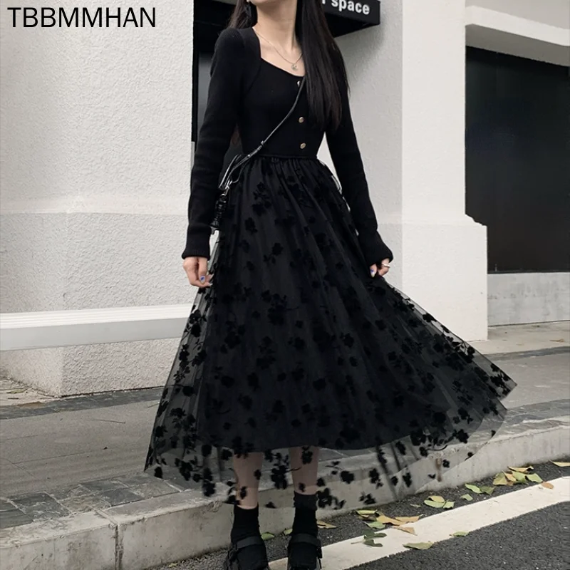 

Gothic Black Dress Women Casual Vintage Knitted Midi Dress Party Elegant One Piece Dress Korean Fashion Outwear