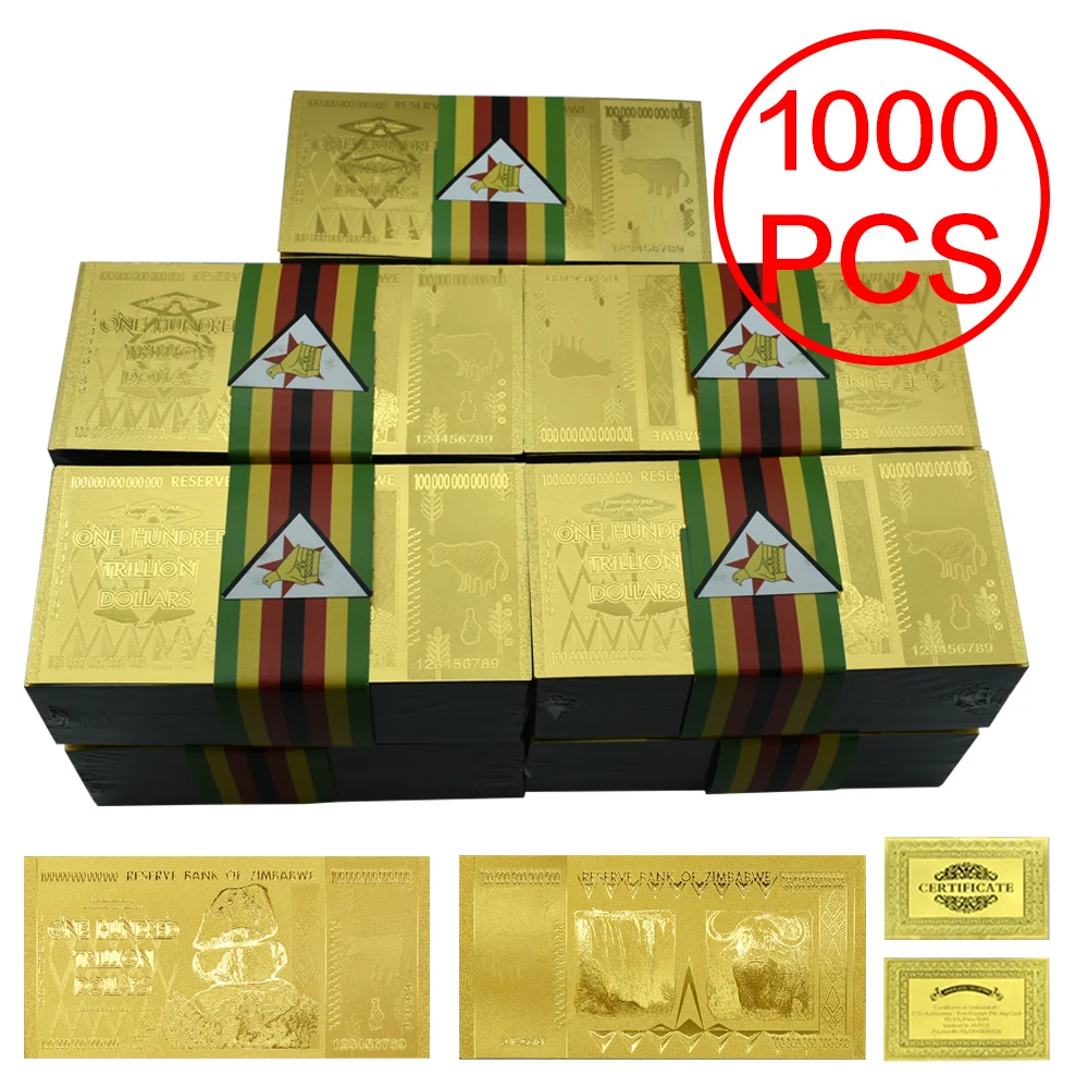 

1000pcs/lot Zimbabwe One Hundred Trillion Dollars Gold Banknotes Zimbabwe Paper Money Crafts Business Souvenir Gifts