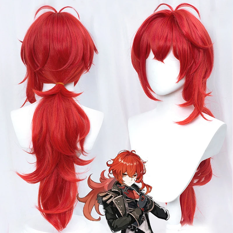 

Diluc Wig Genshin Impact Cosplay Red Hair Long Curly Styled Heat Resistant for Adult Men Women Halloween Role Play + Wig Cap