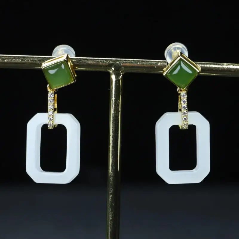 

Natural White Jade Rectangular Hollow Out Dangle Earrings Zircon Green Nephrite Hetian Jades S925 Sterling Silver Earring Women