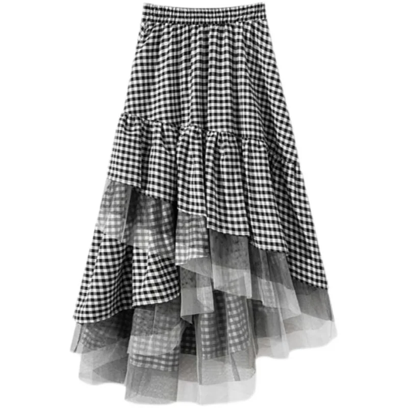 

Autumn new style splicing checkered mesh irregular long skirt western style high waist ruffled skirt large hem skirt