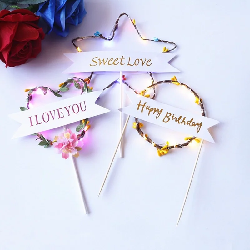 

Romantic LED Luminous Garland Cake Topper Happy Birthday I Love You Sweet Love Card Cake Flag Valentine's Day Cake Decoration