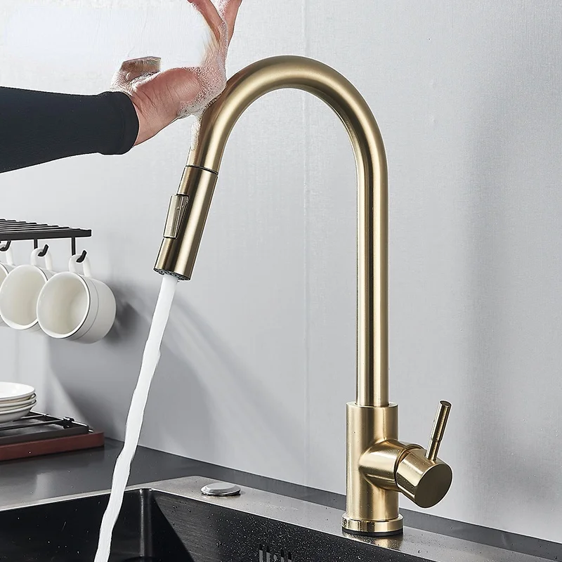 

Brushed Gold Touch Kitchen Faucet Pull Out Sensor Touch Kitchen Faucet Crane Double Water Mode Mixer Faucet Battery Power