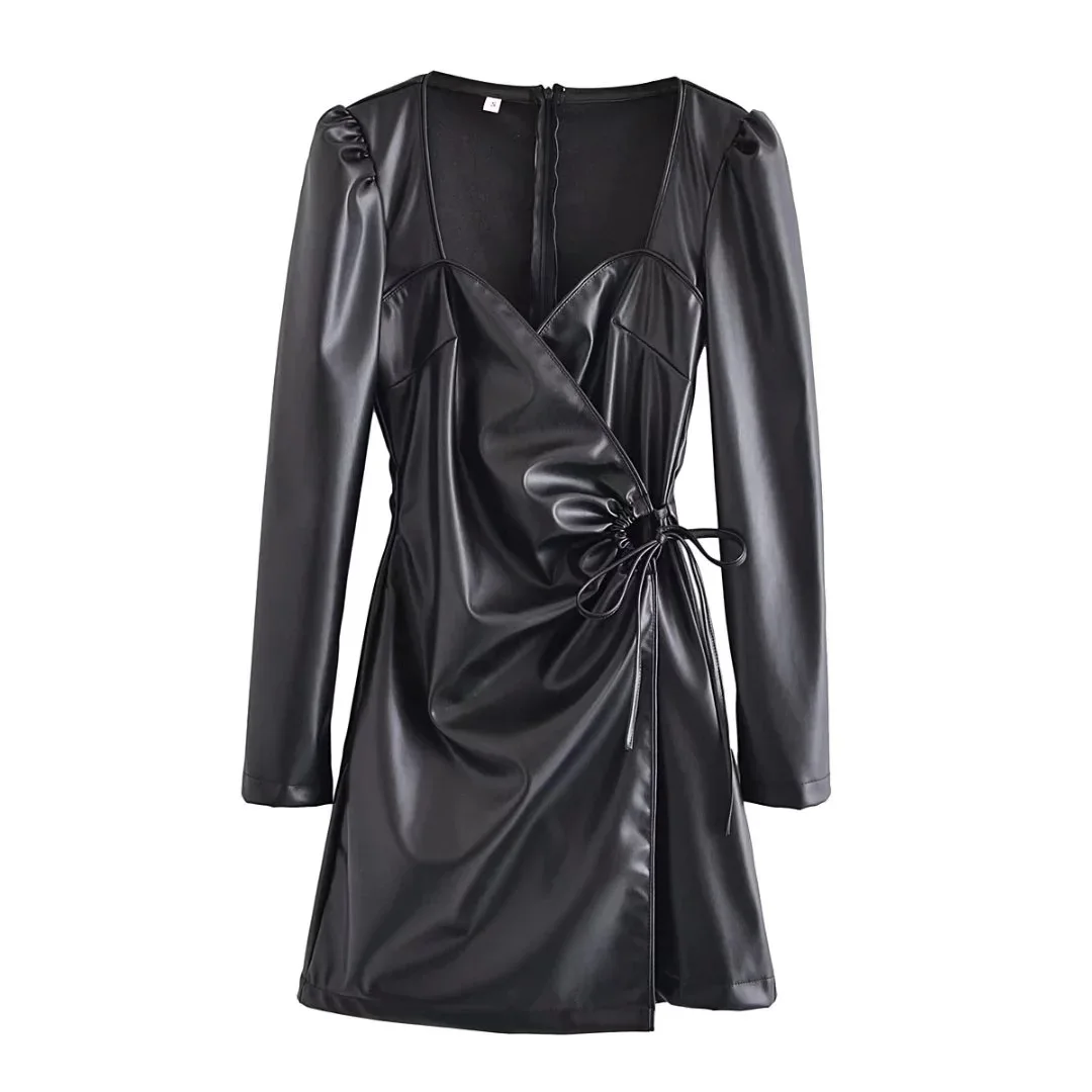 

Fall/winter 2021 New Women's Leather Bag Hip Skirt Fashion Square Collar Lace-up Long Sleeve Dress